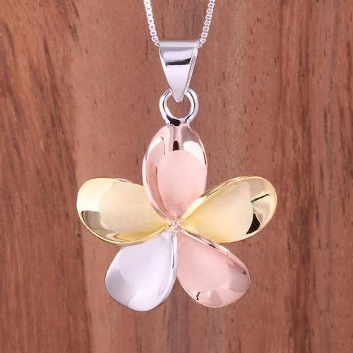 Sterling Silver Tri-Color Plated Plumeria Pendant (8-30mm) (Chain Sold Separately)