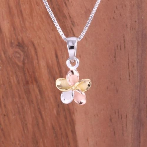 Sterling Silver Tri-Color Plated Plumeria Pendant (8-30mm) (Chain Sold Separately)