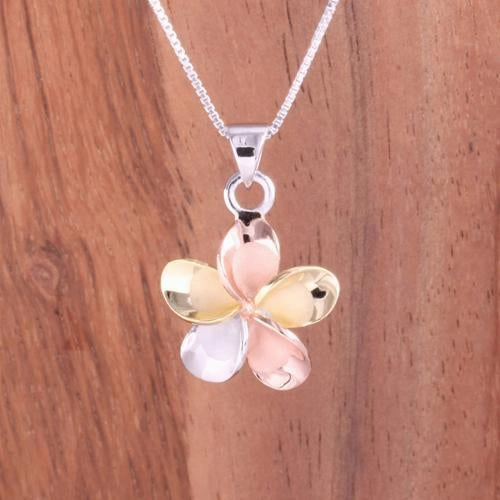 Sterling Silver Tri-Color Plated Plumeria Pendant (8-30mm) (Chain Sold Separately)