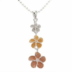 Sterling Silver Tri-Color Plumeria with CZ Sandblast Finish Pendant (M/L) (Chain Sold Separately)