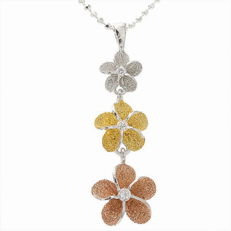 Sterling Silver Tri-Color Plumeria with CZ Sandblast Finish Pendant (M/L) (Chain Sold Separately)