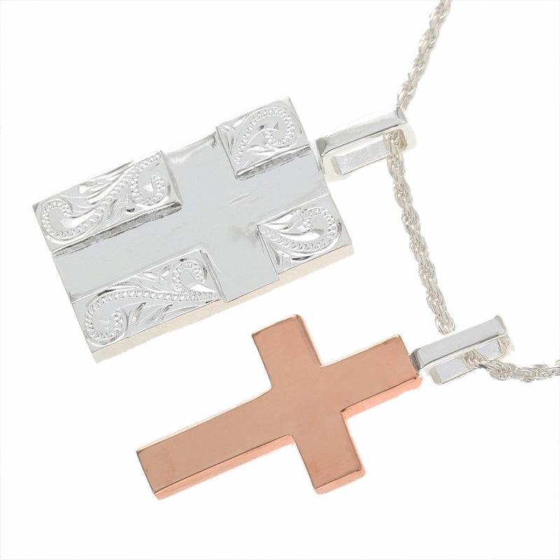 Sterling Silver Two-Tone Pink Gold Plated Cross in Scroll Plate Pendant (Chain Sold Separately)