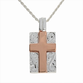Sterling Silver Two-Tone Pink Gold Plated Cross in Scroll Plate Pendant (Chain Sold Separately)