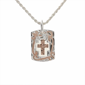 Sterling Silver Two-Tone Pink Gold Plated Cross in Scroll Plate Pendant (Chain Sold Separately)