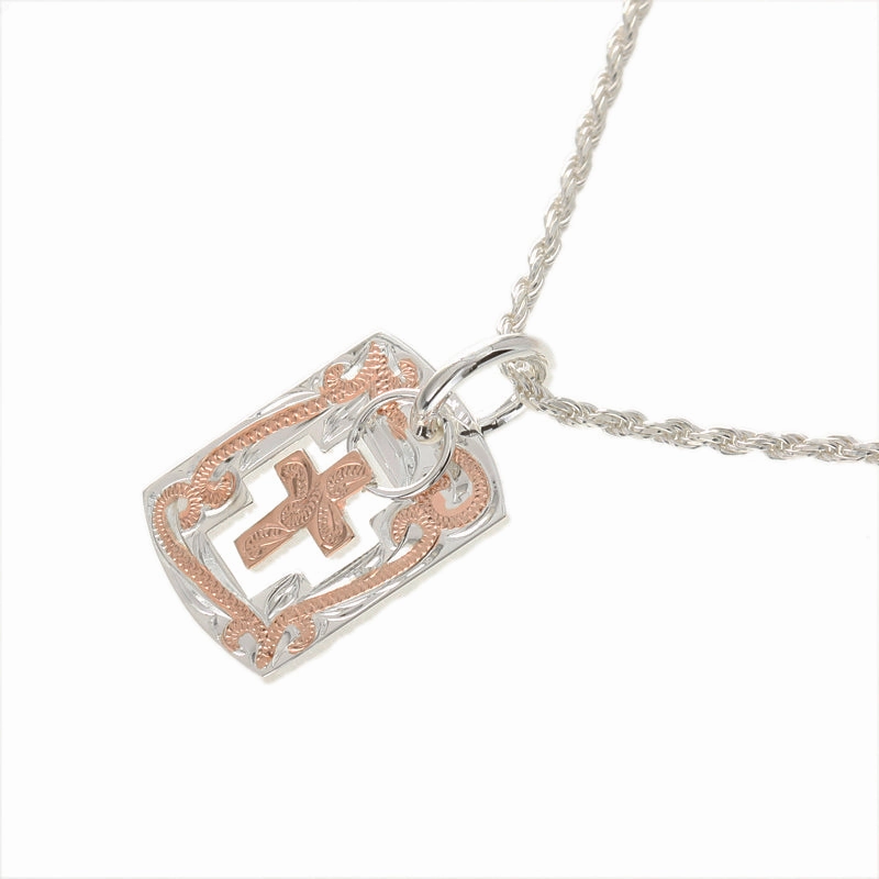 Sterling Silver Two-Tone Pink Gold Plated Cross in Scroll Plate Pendant (Chain Sold Separately)