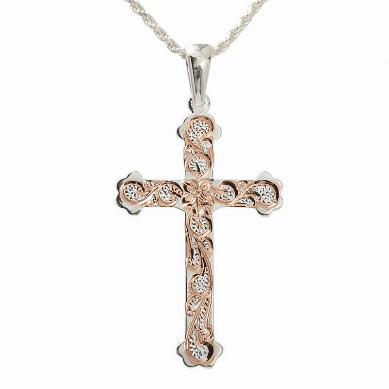 Sterling Silver Two Tone Pink Gold Plated Hawaiian Scroll Cross Pendant (Chain Sold Separately)