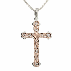 Sterling Silver Two Tone Pink Gold Plated Hawaiian Scroll Cross Pendant (Chain Sold Separately)