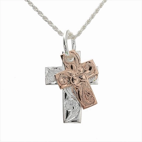 Sterling Silver Two Tone Pink Gold Plated Hawaiian Scroll Double Cross Pendant (Chain Sold Separately)