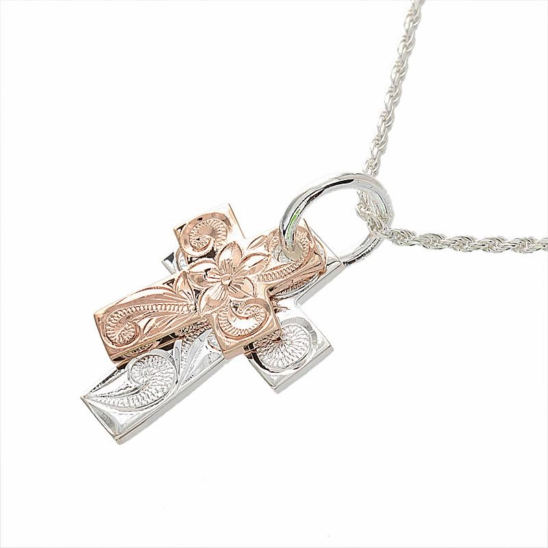 Sterling Silver Two Tone Pink Gold Plated Hawaiian Scroll Double Cross Pendant (Chain Sold Separately)