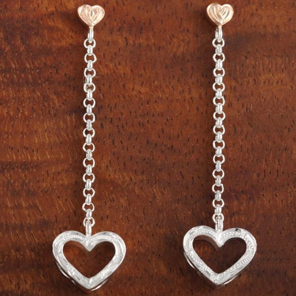 Sterling Silver Two Tone Pink Gold Plated Hawaiian Scroll Heart-Chain-Heart Post Earrings