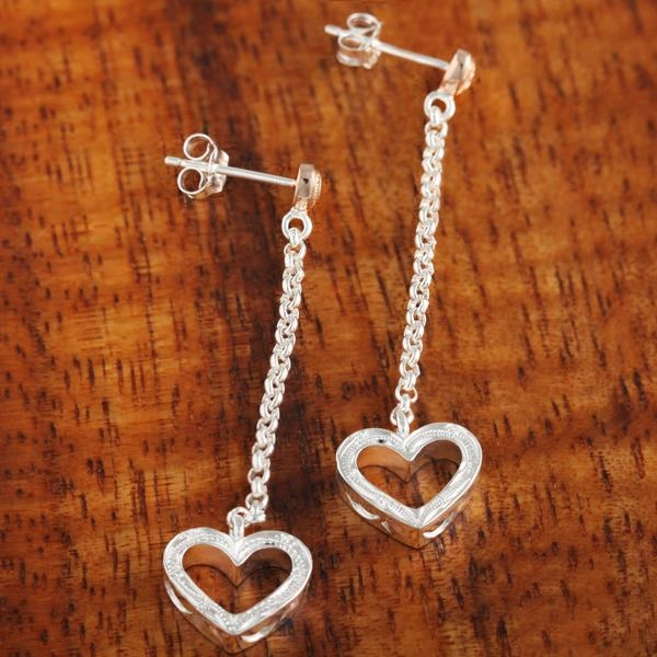 Sterling Silver Two Tone Pink Gold Plated Hawaiian Scroll Heart-Chain-Heart Post Earrings