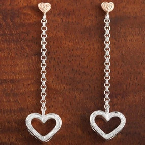 Sterling Silver Two Tone Pink Gold Plated Hawaiian Scroll Heart-Chain-Heart Post Earrings