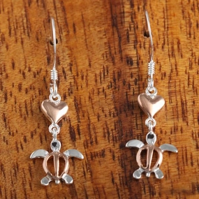 Sterling Silver Two Tone Pink Gold Plated Heart and Honu (Hawaiian Turtle) Hook Earrings
