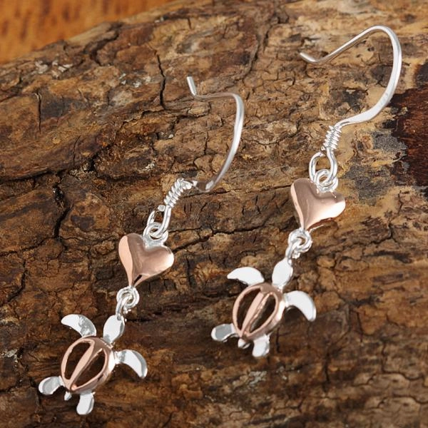 Sterling Silver Two Tone Pink Gold Plated Heart and Honu (Hawaiian Turtle) Hook Earrings