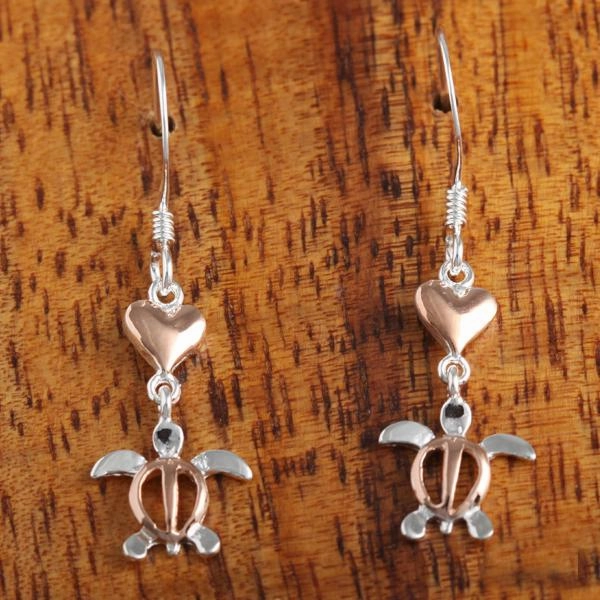 Sterling Silver Two Tone Pink Gold Plated Heart and Honu (Hawaiian Turtle) Hook Earrings
