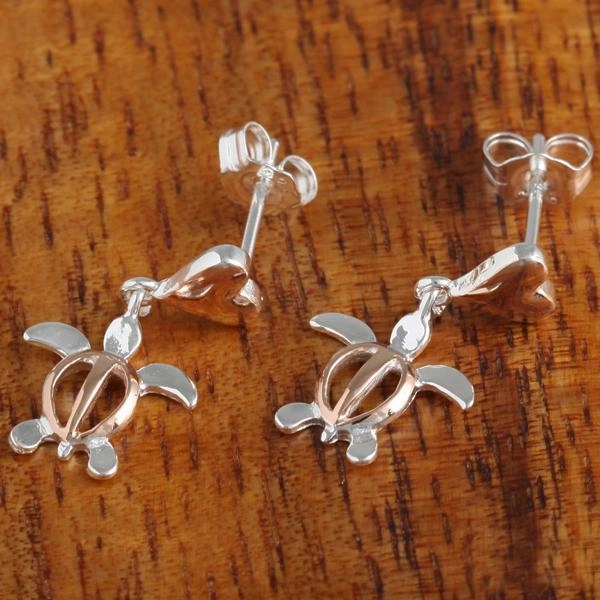 Sterling Silver Two Tone Pink Gold Plated Heart and Honu (Hawaiian Turtle) Post Earrings