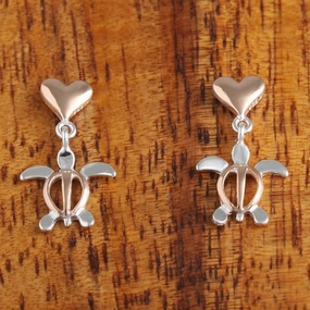 Sterling Silver Two Tone Pink Gold Plated Heart and Honu (Hawaiian Turtle) Post Earrings
