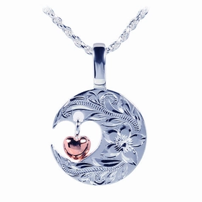 Sterling Silver Two-Tone Pink Gold Plated Heart in Scroll Moon Pendant (Chain Sold Separately)