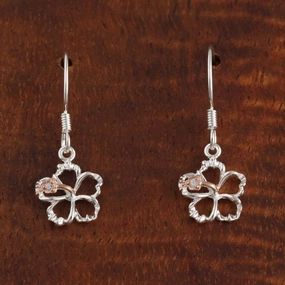 Sterling Silver Two Tone Pink Gold Plated Hibiscus with CZ Floating Hook Earrings (8-18mm)