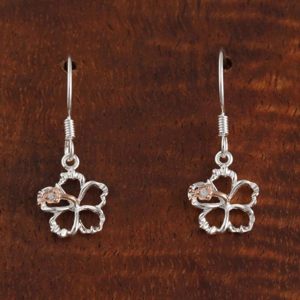 Sterling Silver Two Tone Pink Gold Plated Hibiscus with CZ Floating Hook Earrings (8-18mm)