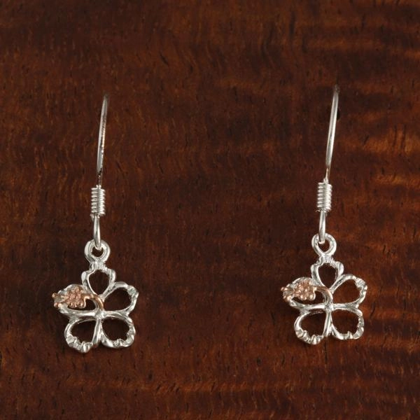 Sterling Silver Two Tone Pink Gold Plated Hibiscus with CZ Floating Hook Earrings (8-18mm)