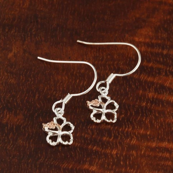 Sterling Silver Two Tone Pink Gold Plated Hibiscus with CZ Floating Hook Earrings (8-18mm)