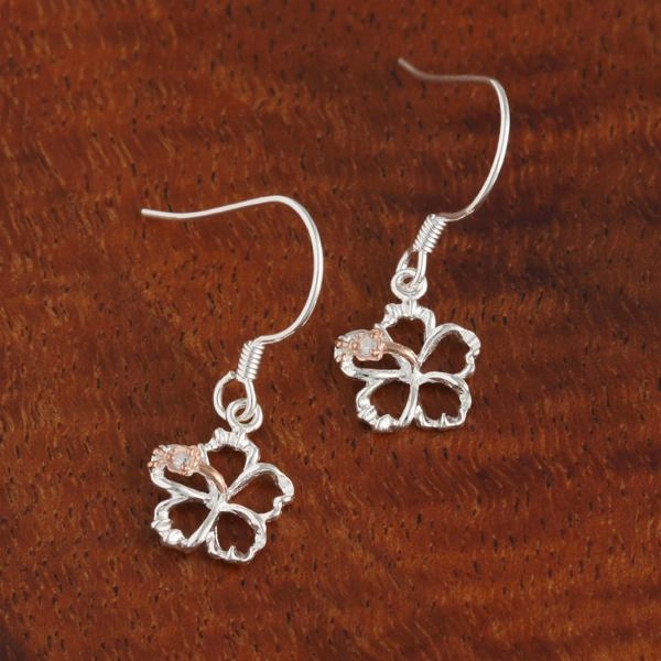 Sterling Silver Two Tone Pink Gold Plated Hibiscus with CZ Floating Hook Earrings (8-18mm)
