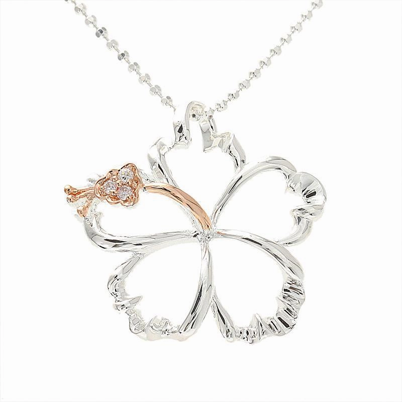 Sterling Silver Two Tone Pink Gold Plated Hibiscus with CZ Pendant (XS/S/L/XL) (Chain Sold Separately)