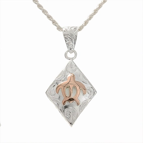 Sterling Silver Two-Tone Pink Gold Plated Honu (Turtle) in Scroll Diamond Shape Raised Pendant (Chain Sold Separately)
