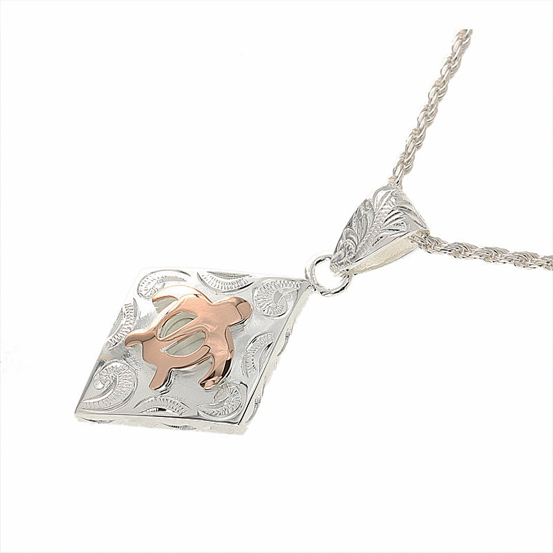 Sterling Silver Two-Tone Pink Gold Plated Honu (Turtle) in Scroll Diamond Shape Raised Pendant (Chain Sold Separately)