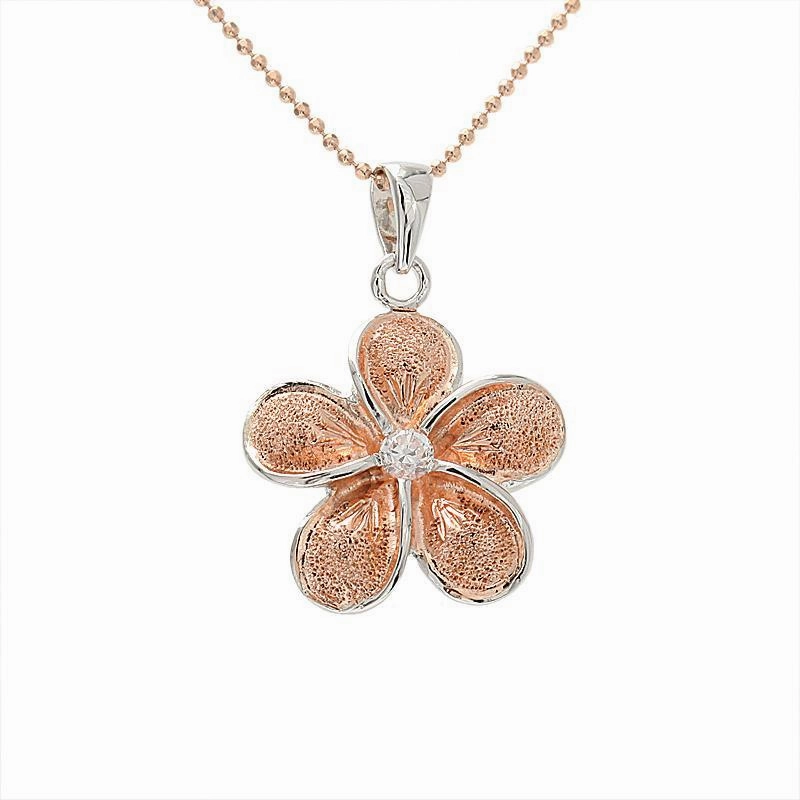 Sterling Silver Two Tone Pink Gold Plated Raised Plumeria with CZ Sandblast Finish Pendant (S/M/L) (Chain Sold Separately)