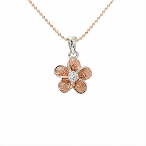 Sterling Silver Two Tone Pink Gold Plated Raised Plumeria with CZ Sandblast Finish Pendant (S/M/L) (Chain Sold Separately)