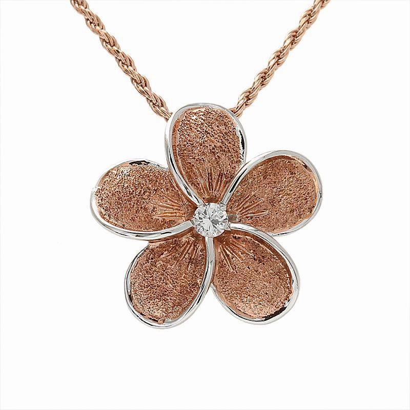 Sterling Silver Two Tone Pink Gold Plated Raised Plumeria with CZ Sandblast Finish Pendant (S/M/L) (Chain Sold Separately)