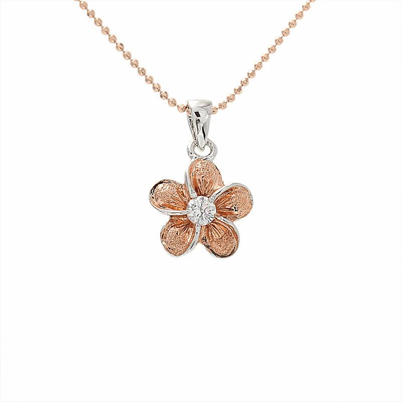 Sterling Silver Two Tone Pink Gold Plated Raised Plumeria with CZ Sandblast Finish Pendant (S/M/L) (Chain Sold Separately)