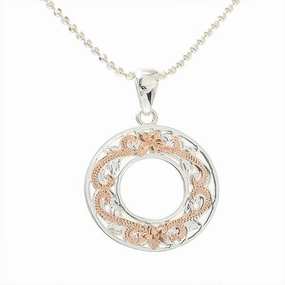 Sterling Silver Two Tone Pink Gold Plated See Through Hawaiian Scroll Circle Pendant (Chain Sold Separately)