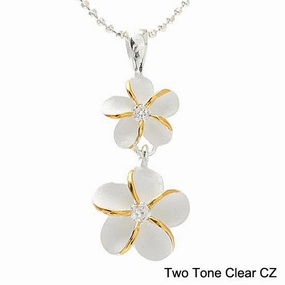 Sterling Silver Two Tone Yellow Gold 8-10mm Plumeria with CZ Pendant (Chain Sold Separately)