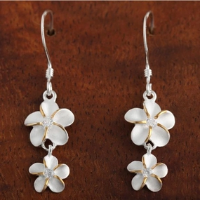 Sterling Silver Two Tone Yellow Gold Plated 10-8mm Plumeria with CZ Hook Earrings
