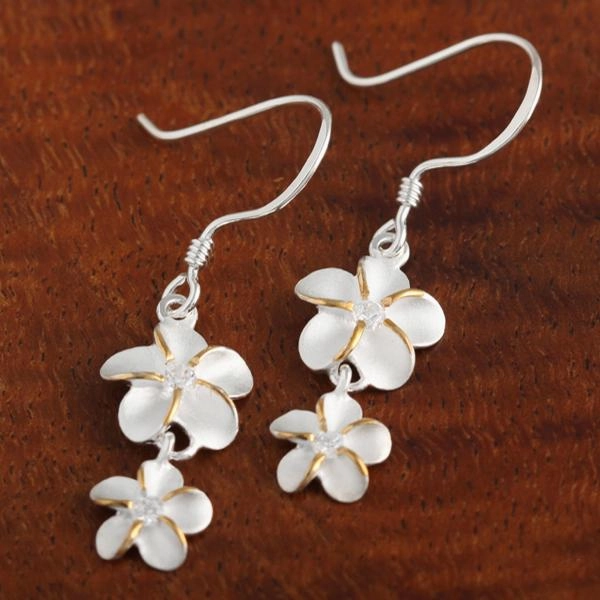 Sterling Silver Two Tone Yellow Gold Plated 10-8mm Plumeria with CZ Hook Earrings