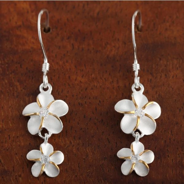Sterling Silver Two Tone Yellow Gold Plated 10-8mm Plumeria with CZ Hook Earrings