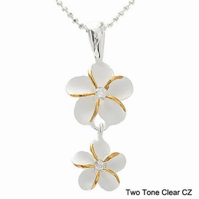 Sterling Silver Two Tone Yellow Gold Plated 10-8mm Plumeria with CZ Pendant (Chain Sold Separately)