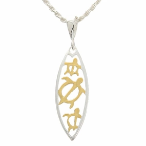 Sterling Silver Two Tone Yellow Gold Plated 3 Honu (Turtle) Cut Out Surfboard Pendant (Chain Sold Separately)