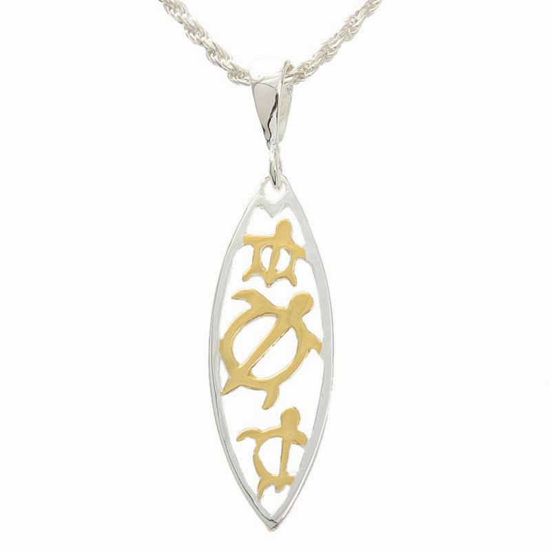 Sterling Silver Two Tone Yellow Gold Plated 3 Honu (Turtle) Cut Out Surfboard Pendant (Chain Sold Separately)