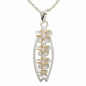 Sterling Silver Two Tone Yellow Gold Plated 4 Plumeria with CZ Surfboard Pendant (Chain Sold Separately)