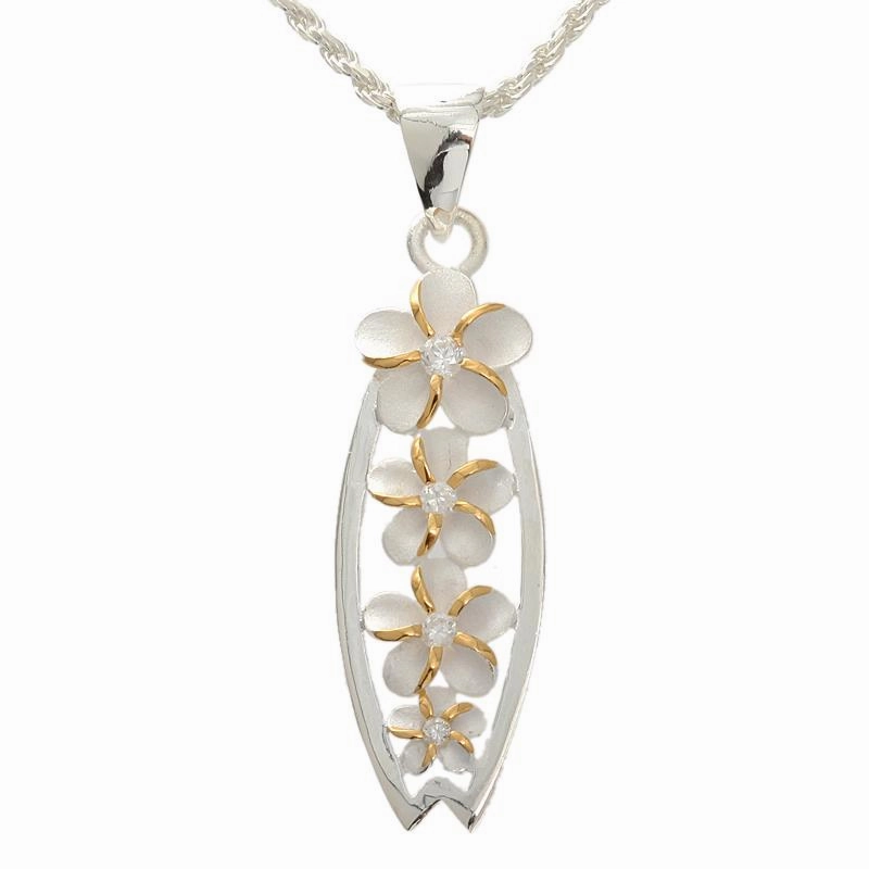 Sterling Silver Two Tone Yellow Gold Plated 4 Plumeria with CZ Surfboard Pendant (Chain Sold Separately)