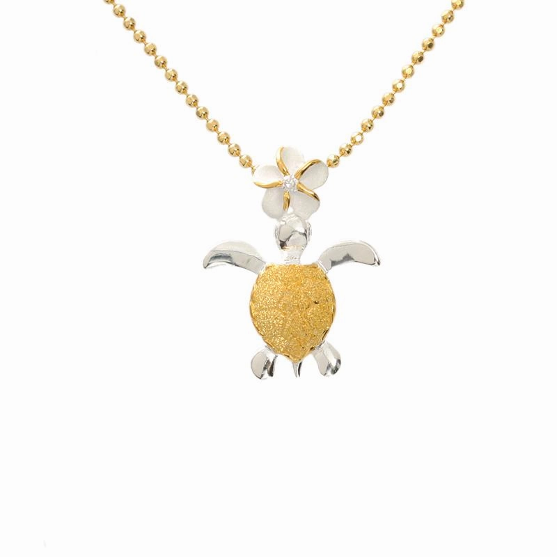 Sterling Silver Two Tone Yellow Gold Plated 6mm Plumeria with CZ and Honu (Turtle) Pendant (Chain Sold Separately)
