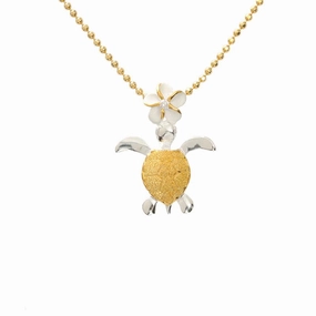 Sterling Silver Two Tone Yellow Gold Plated 6mm Plumeria with CZ and Honu (Turtle) Pendant (Chain Sold Separately)