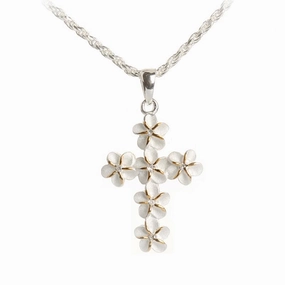 Sterling Silver Two Tone Yellow Gold Plated 6mm Plumeria with CZ Cross Pendant (Chain Sold Separately)