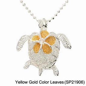 Sterling Silver Two Tone Yellow Gold Plated 8mm Plumeria with CZ on Honu (Turtle) Sandblast Finish Pendant (Chain Sold Separately)