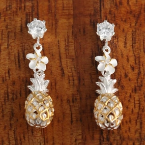 Sterling Silver Two Tone Yellow Gold Plated CZ, 6mm Plumeria and Pineapple Post Earrings