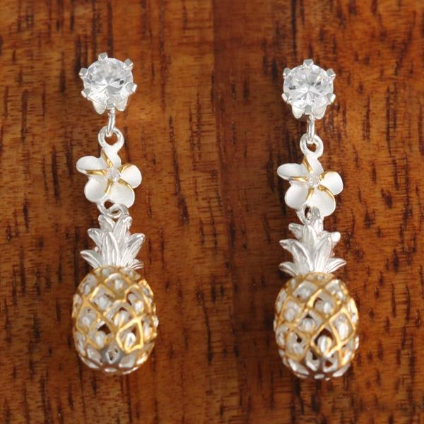 Sterling Silver Two Tone Yellow Gold Plated CZ, 6mm Plumeria and Pineapple Post Earrings